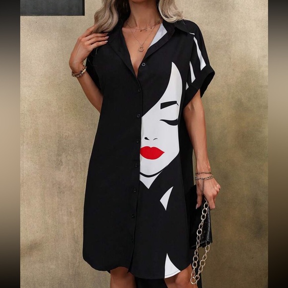 SHEIN Dresses & Skirts - New SHEIN LUNE Figure Graphic Batwing Sleeve Shirt Dress